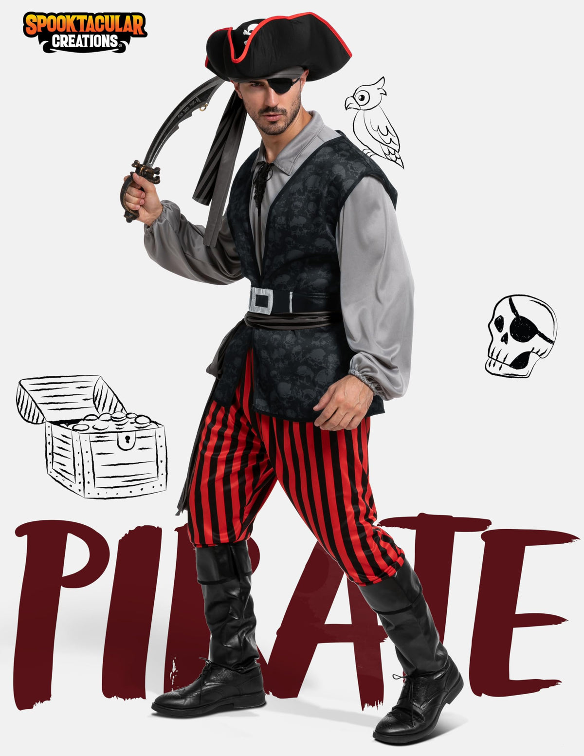 Men's Pirate Costume Set - Shirt, Vest, Pants, Hat & Accessories