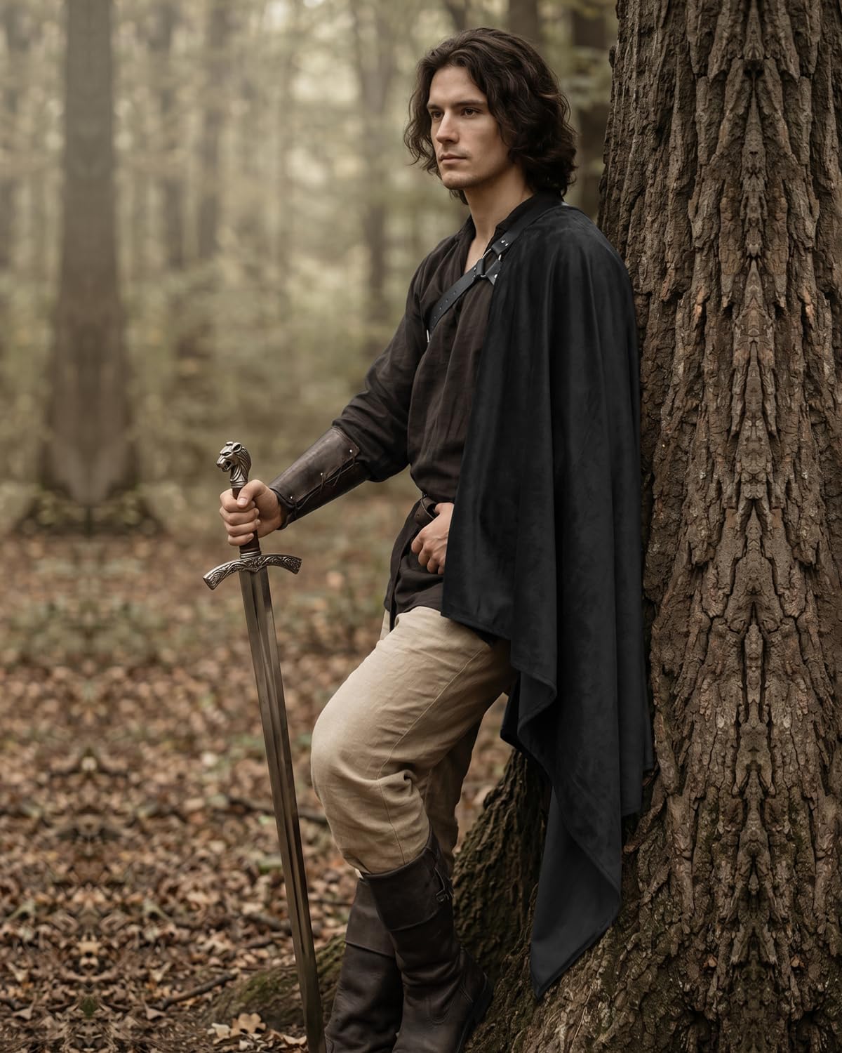 Medieval Knight Cloak with Belt - Half Shoulder Cape, Black