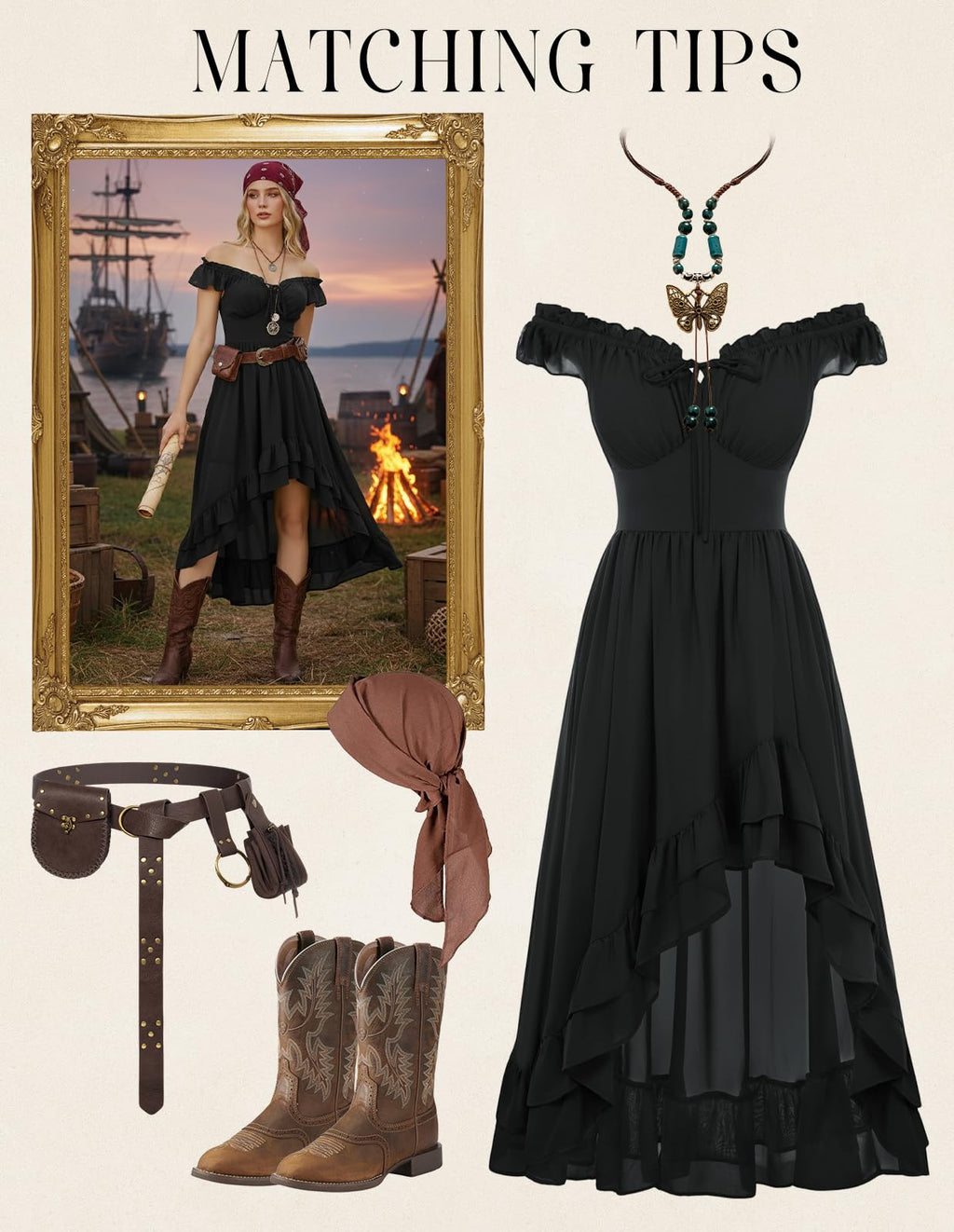 Women's Renaissance Corset Dress - Off-Shoulder Chiffon Sundress, Black