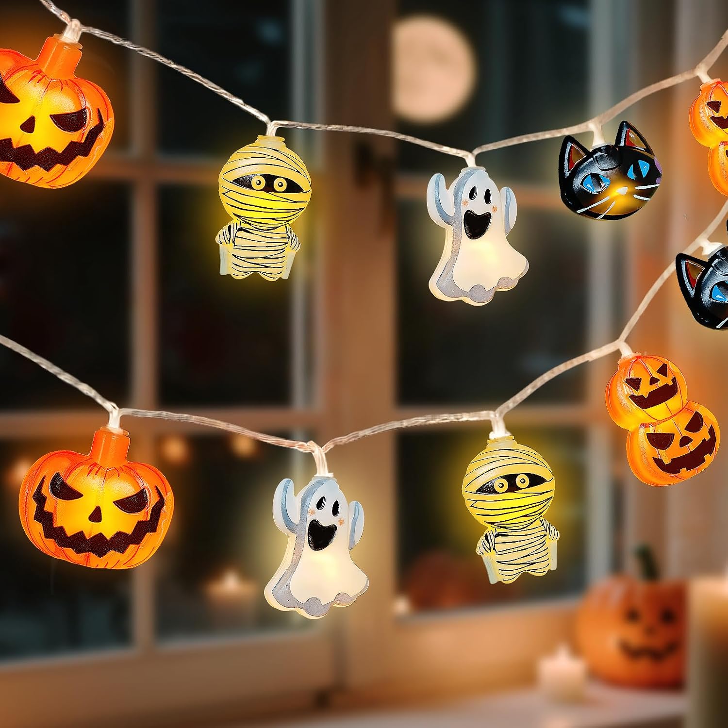 Orange Halloween pumpkin ghost cat string lights