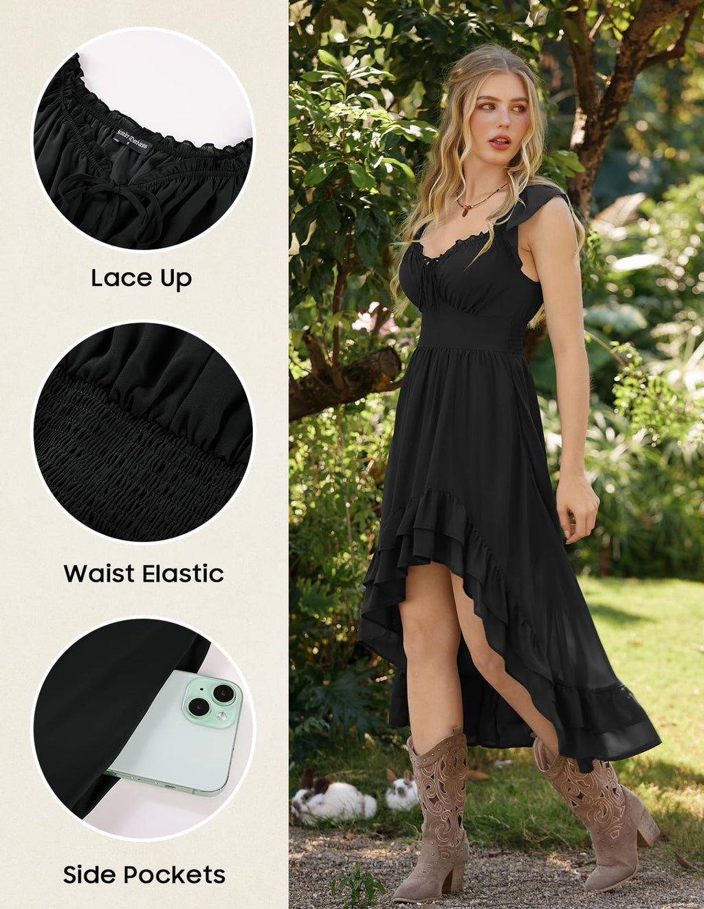 Women's Renaissance Corset Dress - Off-Shoulder Chiffon Sundress, Black
