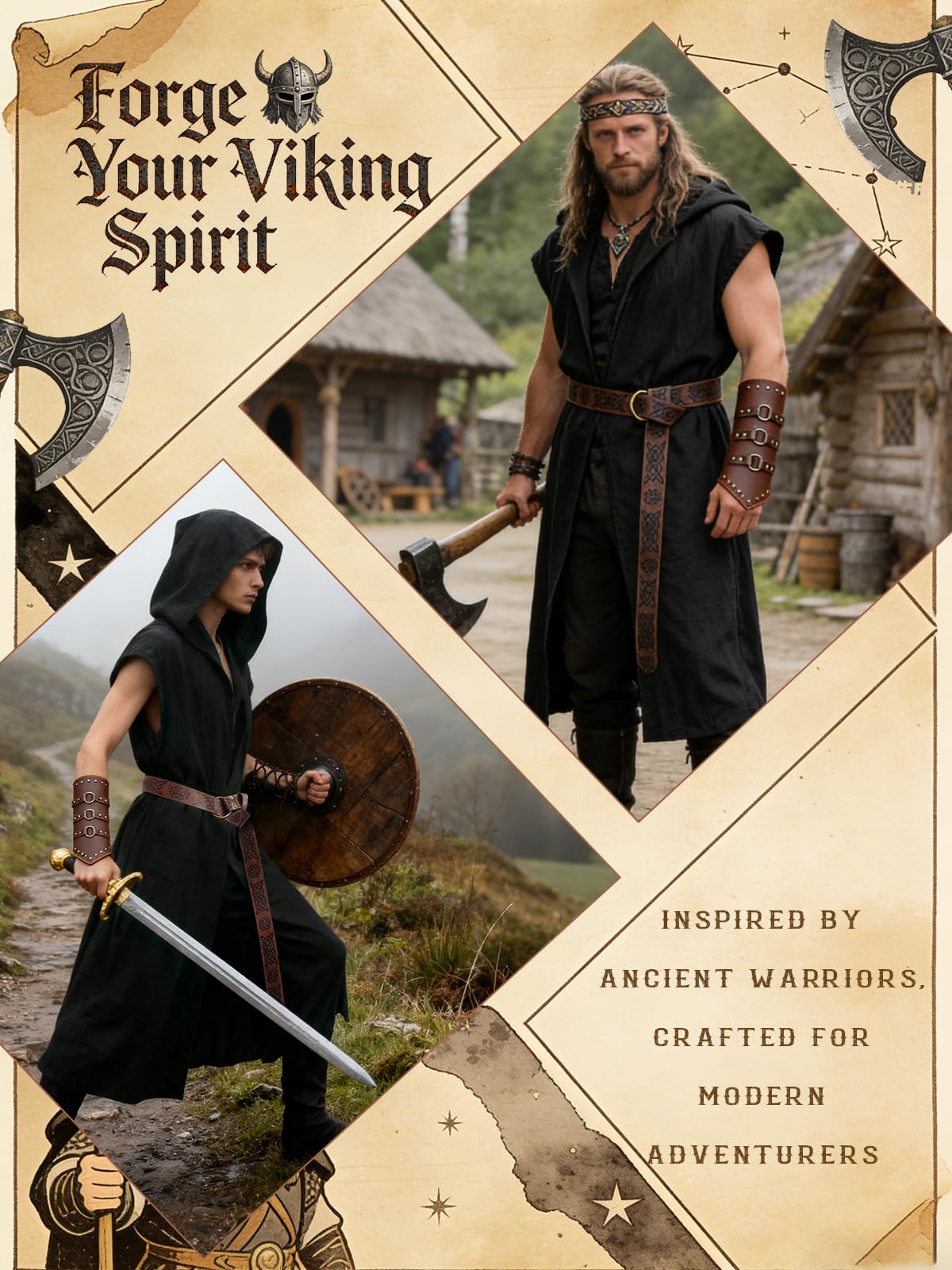 Men's Renaissance Costume Set - Hooded Surcoat, Belt & Bracers