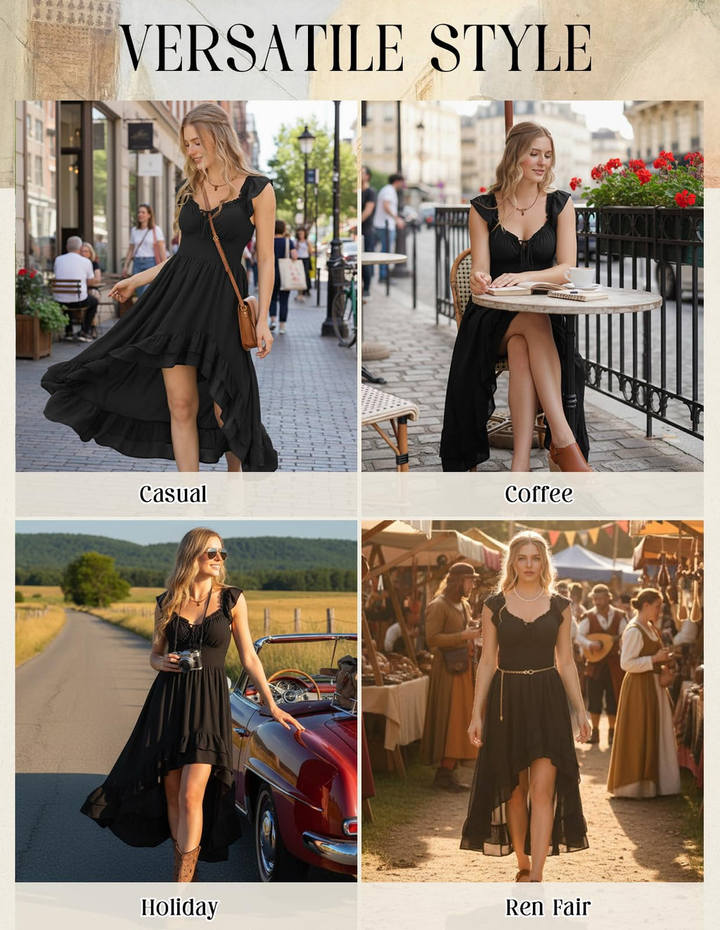 Women's Renaissance Corset Dress - Off-Shoulder Chiffon Sundress, Black
