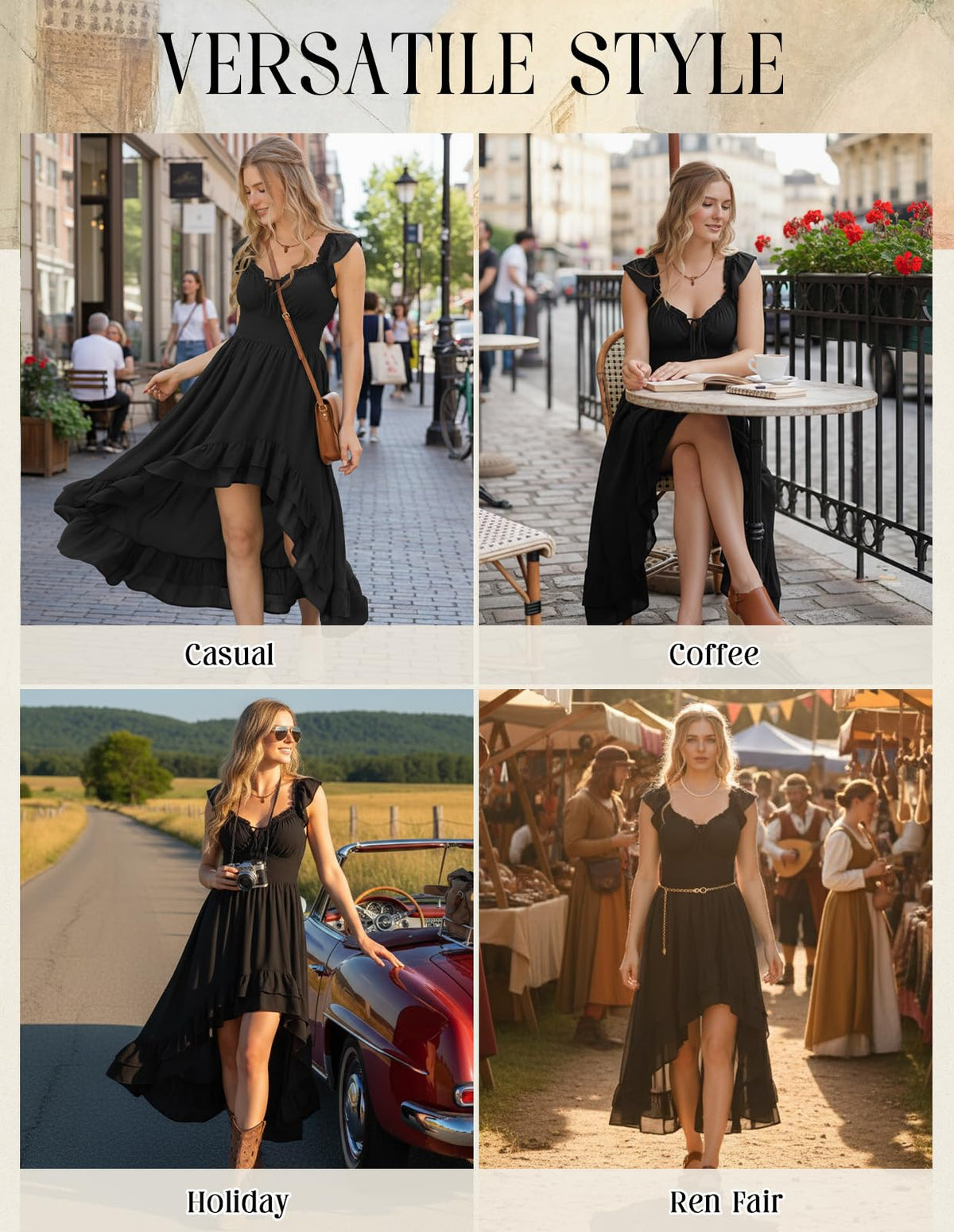 Women's Renaissance Corset Dress - Off-Shoulder Chiffon Sundress, Black
