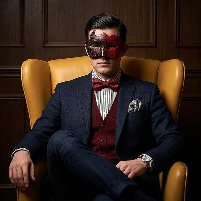 Man wearing Black Red masquerade mask, portrait