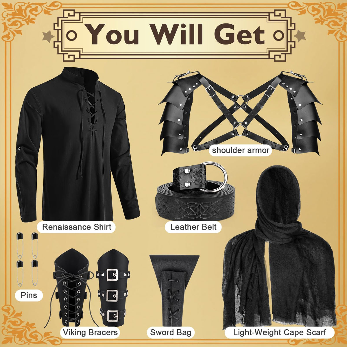 Men's 7-Piece Renaissance Costume Set - Medieval Viking Warrior Outfit