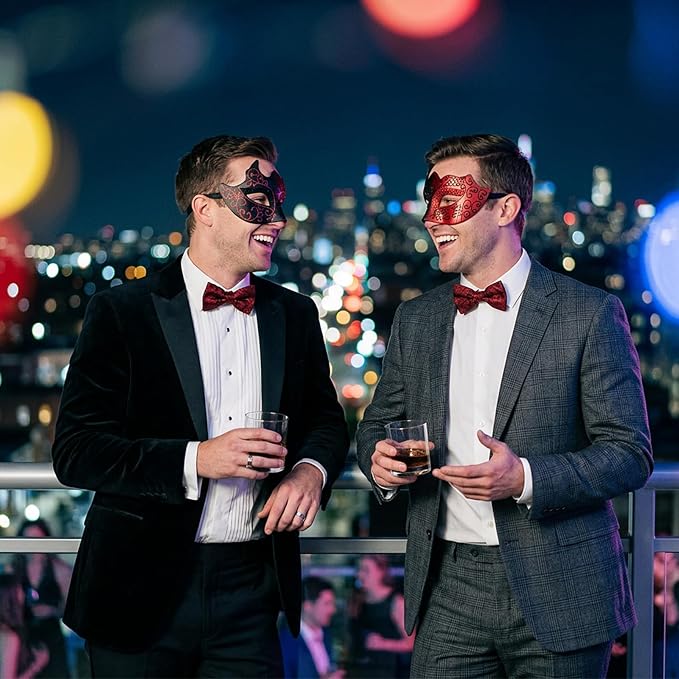 Two men wearing masquerade masks on rooftop