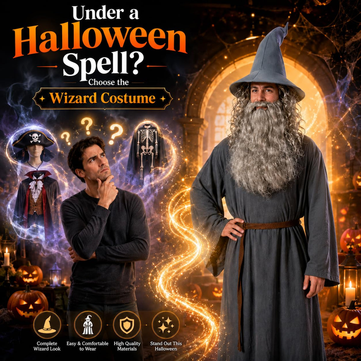 Men's Wizard Costume Set - Robe, Hat, Wig, Beard & Belt