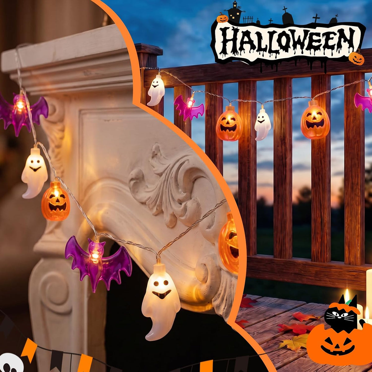 Golden Halloween string lights bedroom display