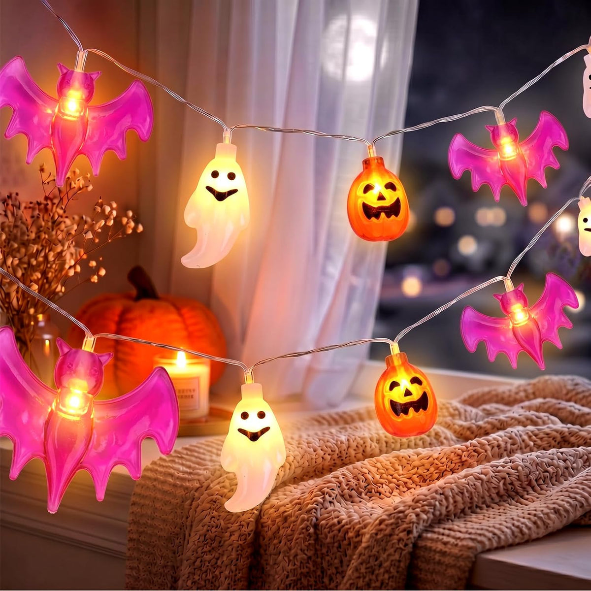 Golden Halloween pumpkin ghost cat string lights