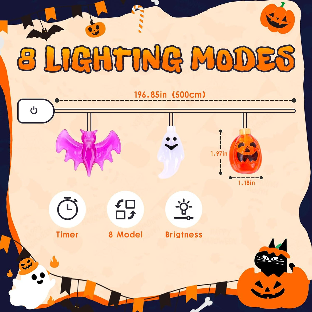 Golden Halloween string lights lit display