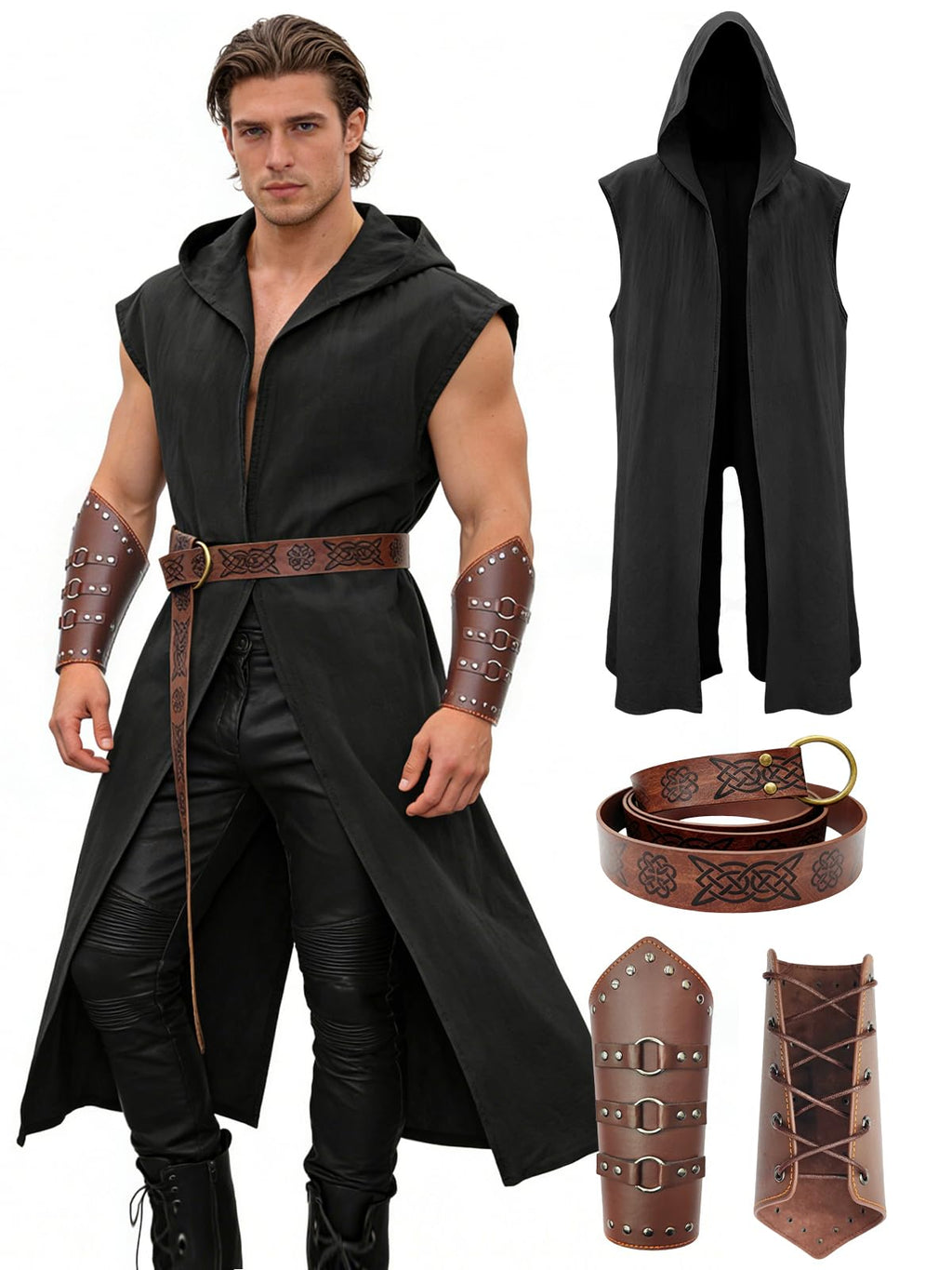 Men's Renaissance Costume Set - Hooded Surcoat, Belt & Bracers