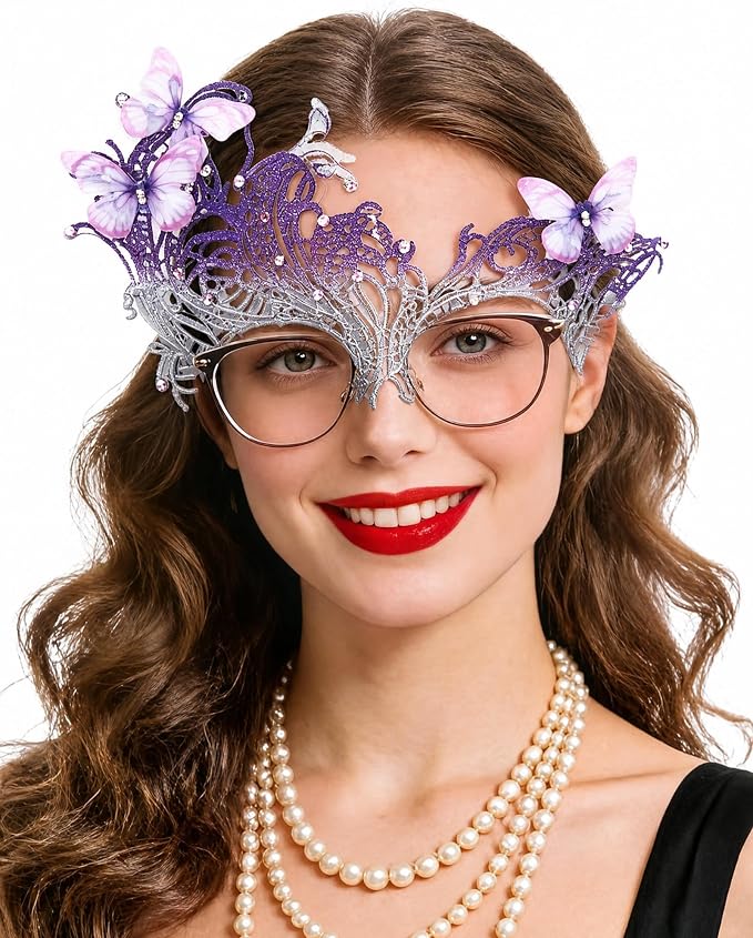 Silver Purple lace butterfly masquerade mask worn