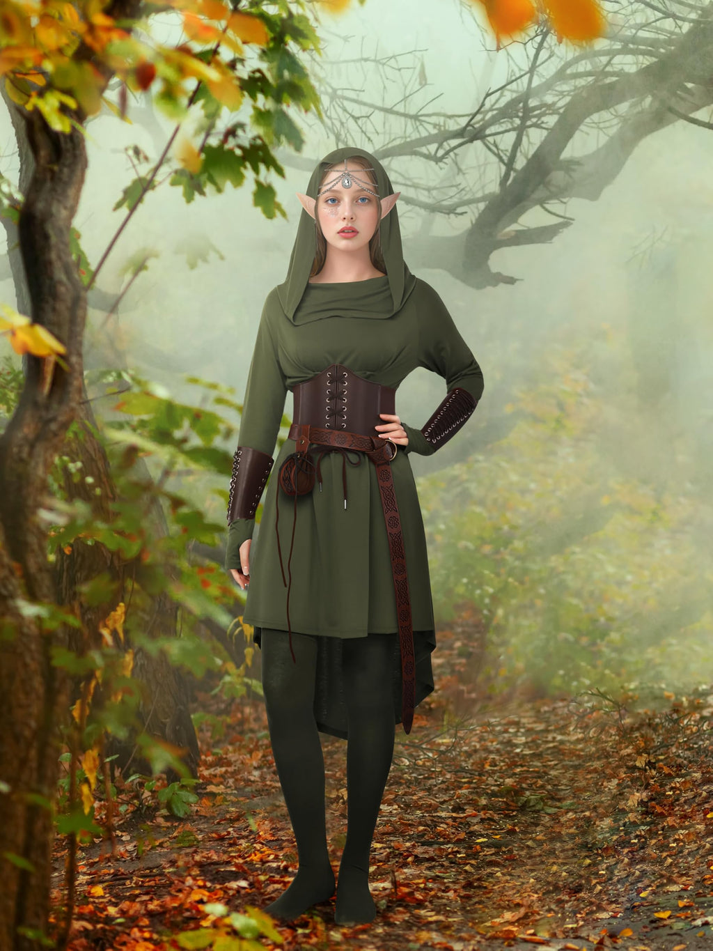 Women's 10-Piece Renaissance Fairy Costume Set - Hooded Elf Dress