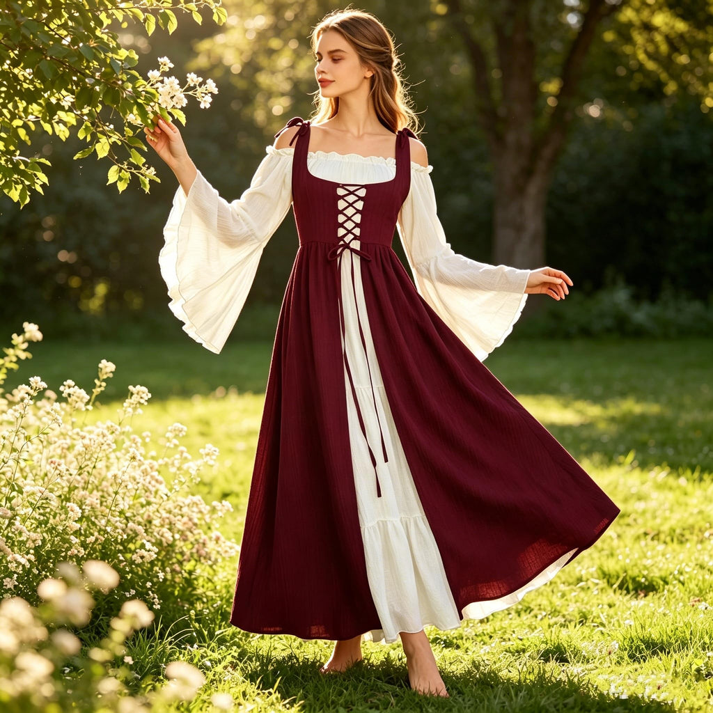 Women's Renaissance Fairy Dress with Bell Sleeves, Red