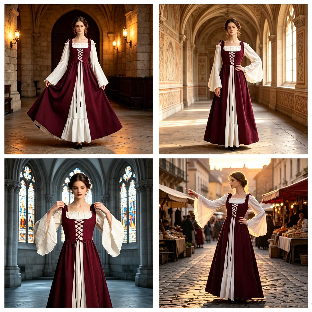 Women's Renaissance Fairy Dress with Bell Sleeves, Red