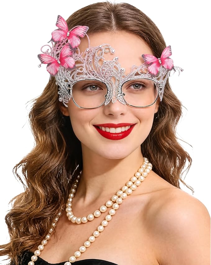 Silver Pink lace butterfly masquerade mask worn