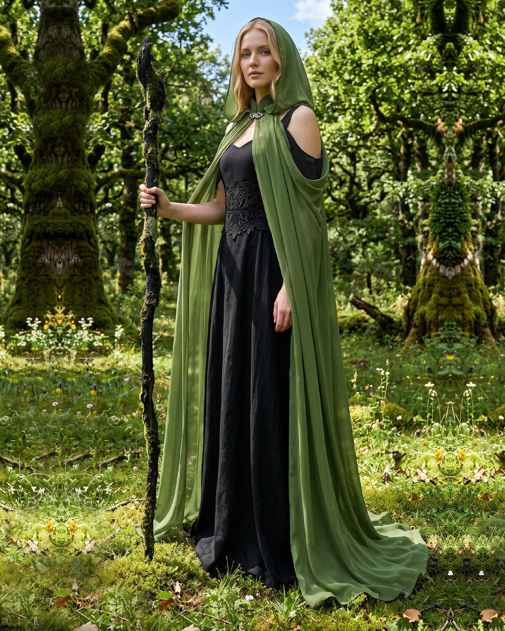 Women's Sheer Fairy Hooded Cloak - Elven Chiffon Cape, Forest Green