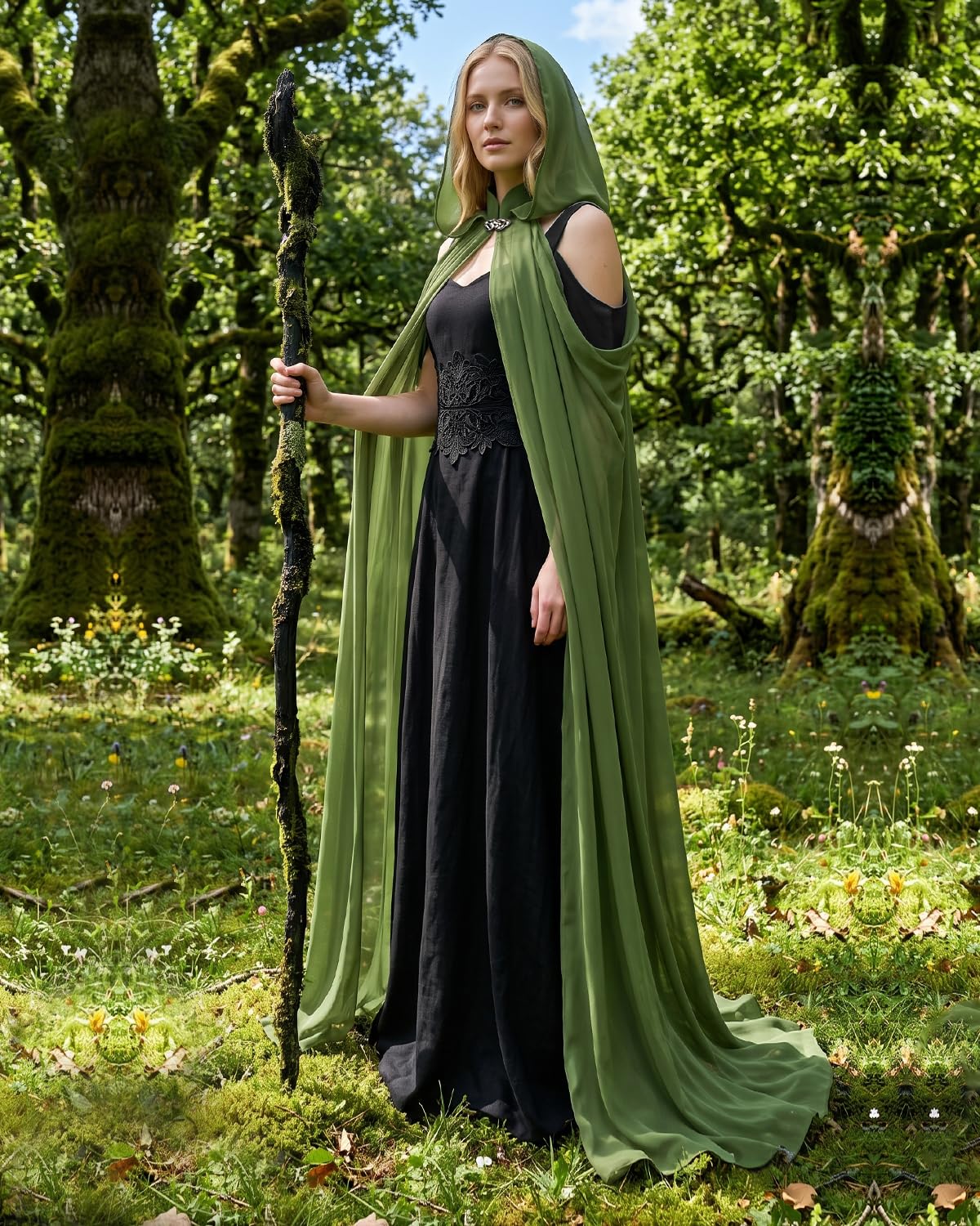 Women's Sheer Fairy Hooded Cloak - Elven Chiffon Cape, Forest Green