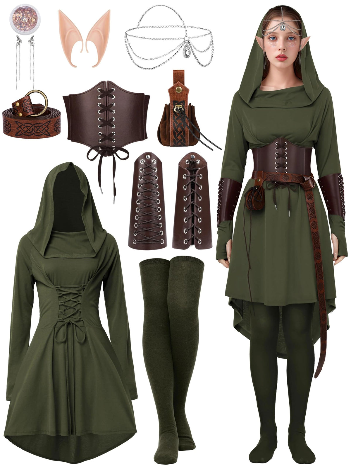 Women's 10-Piece Renaissance Fairy Costume Set - Hooded Elf Dress