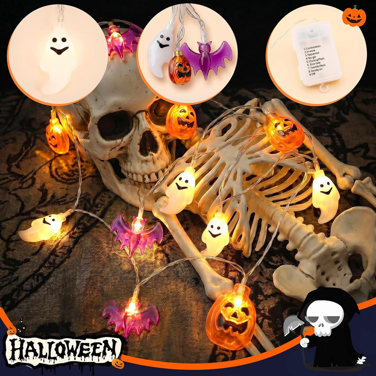 Golden Halloween string lights detail