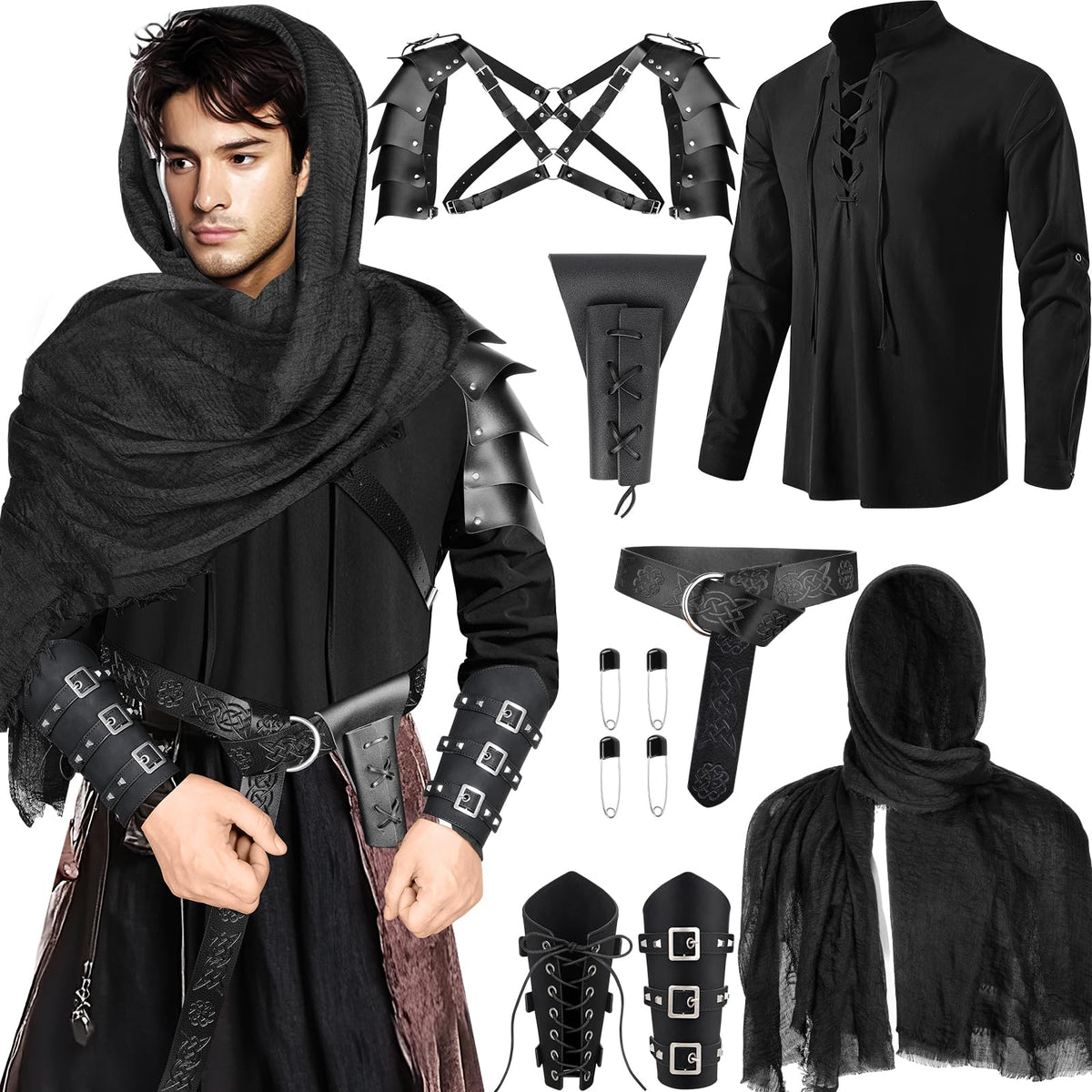 Men's 7-Piece Renaissance Costume Set - Medieval Viking Warrior Outfit