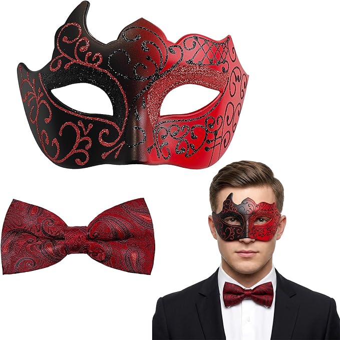 Black Red masquerade mask and bow tie set, flat lay and worn