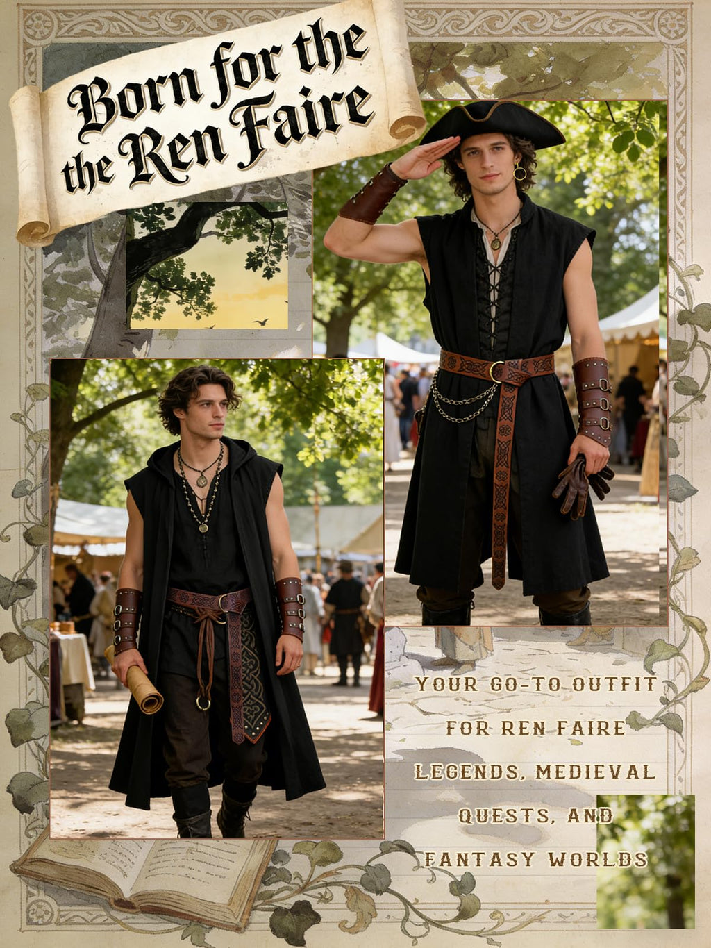Men's Renaissance Costume Set - Hooded Surcoat, Belt & Bracers