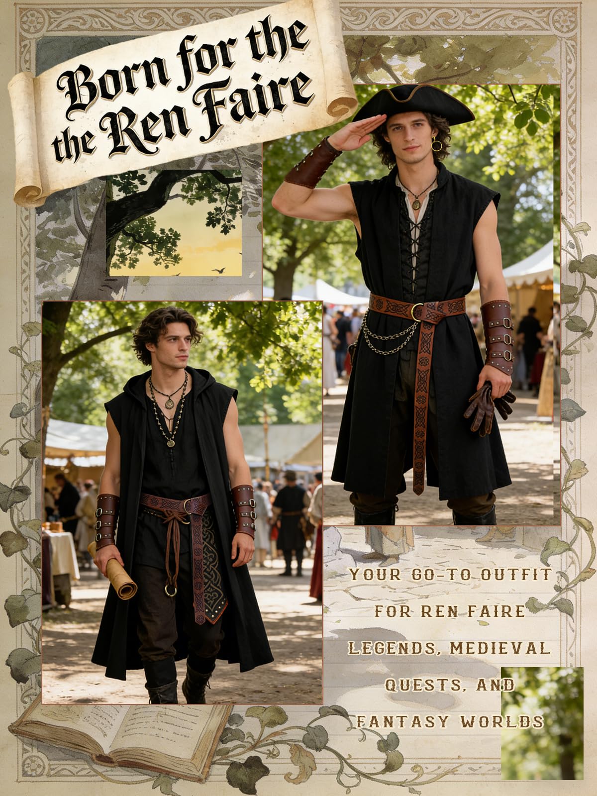 Men's Renaissance Costume Set - Hooded Surcoat, Belt & Bracers