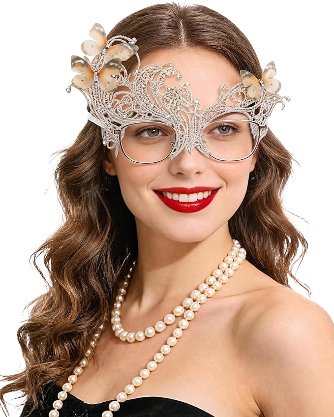 Silver Champagne lace butterfly masquerade mask worn