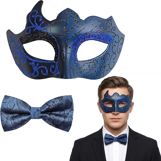 Black Blue masquerade mask and bow tie set, flat lay and worn