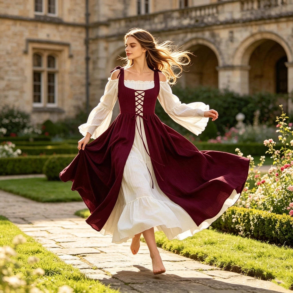 Women's Renaissance Fairy Dress with Bell Sleeves, Red