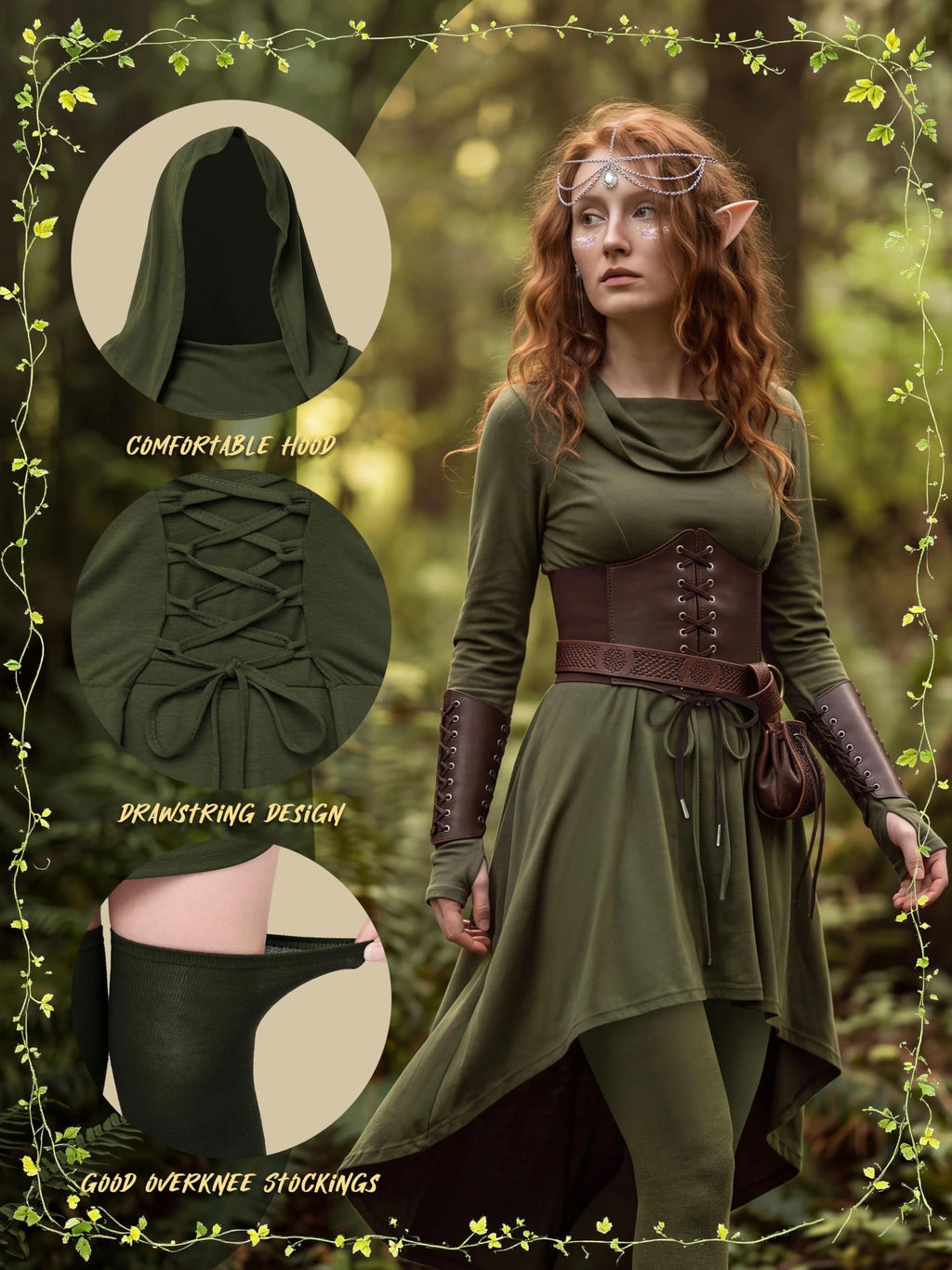 Women's 10-Piece Renaissance Fairy Costume Set - Hooded Elf Dress