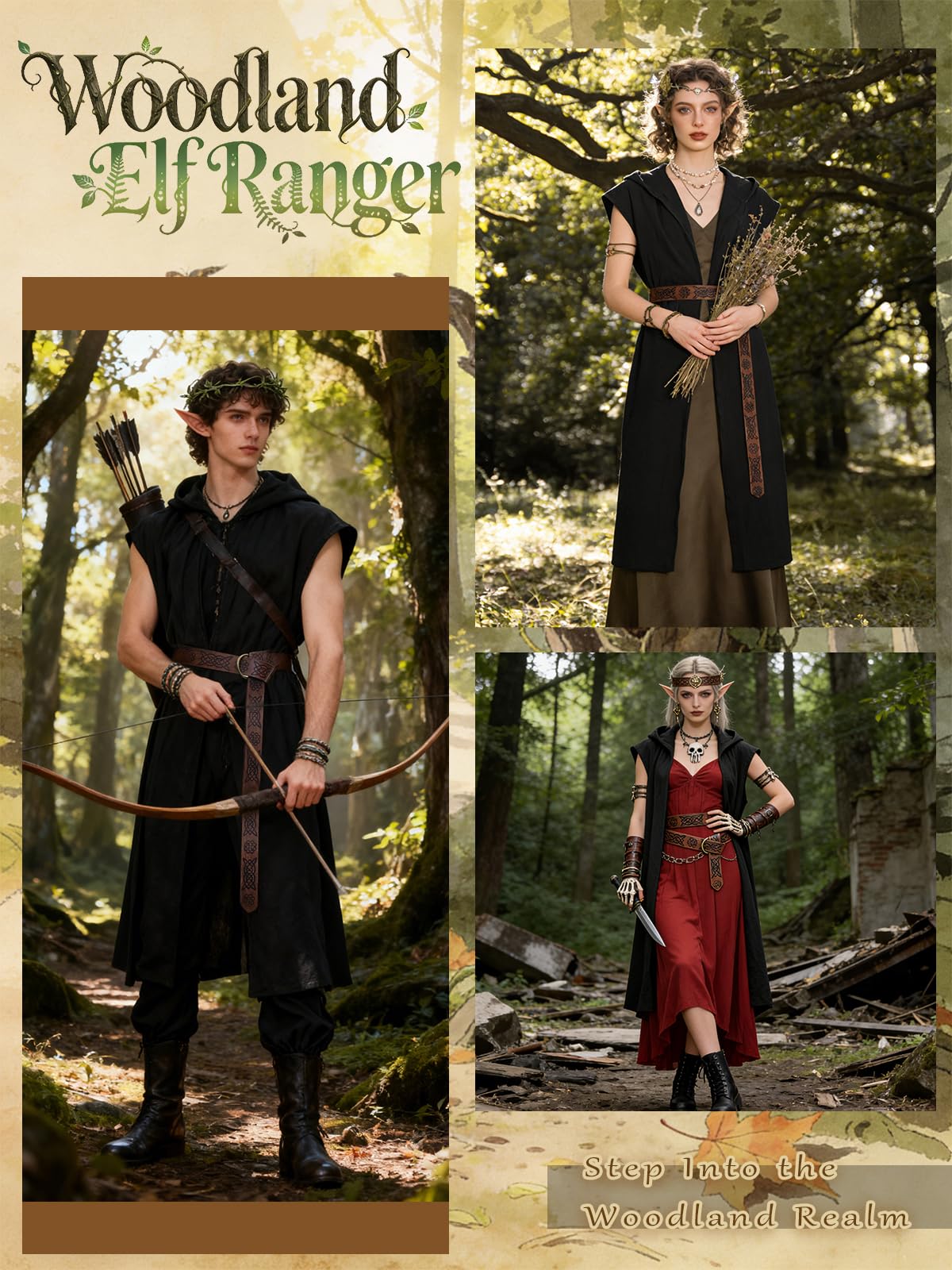 Men's Renaissance Costume Set - Hooded Surcoat, Belt & Bracers
