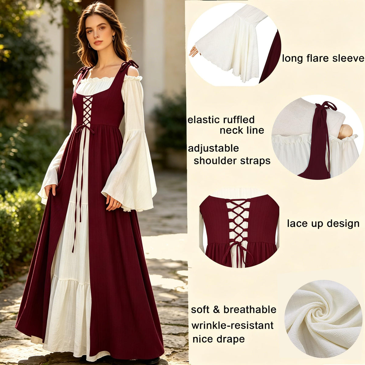 Women's Renaissance Fairy Dress with Bell Sleeves, Red