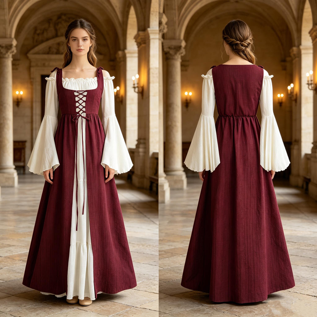 Women's Renaissance Fairy Dress with Bell Sleeves, Red