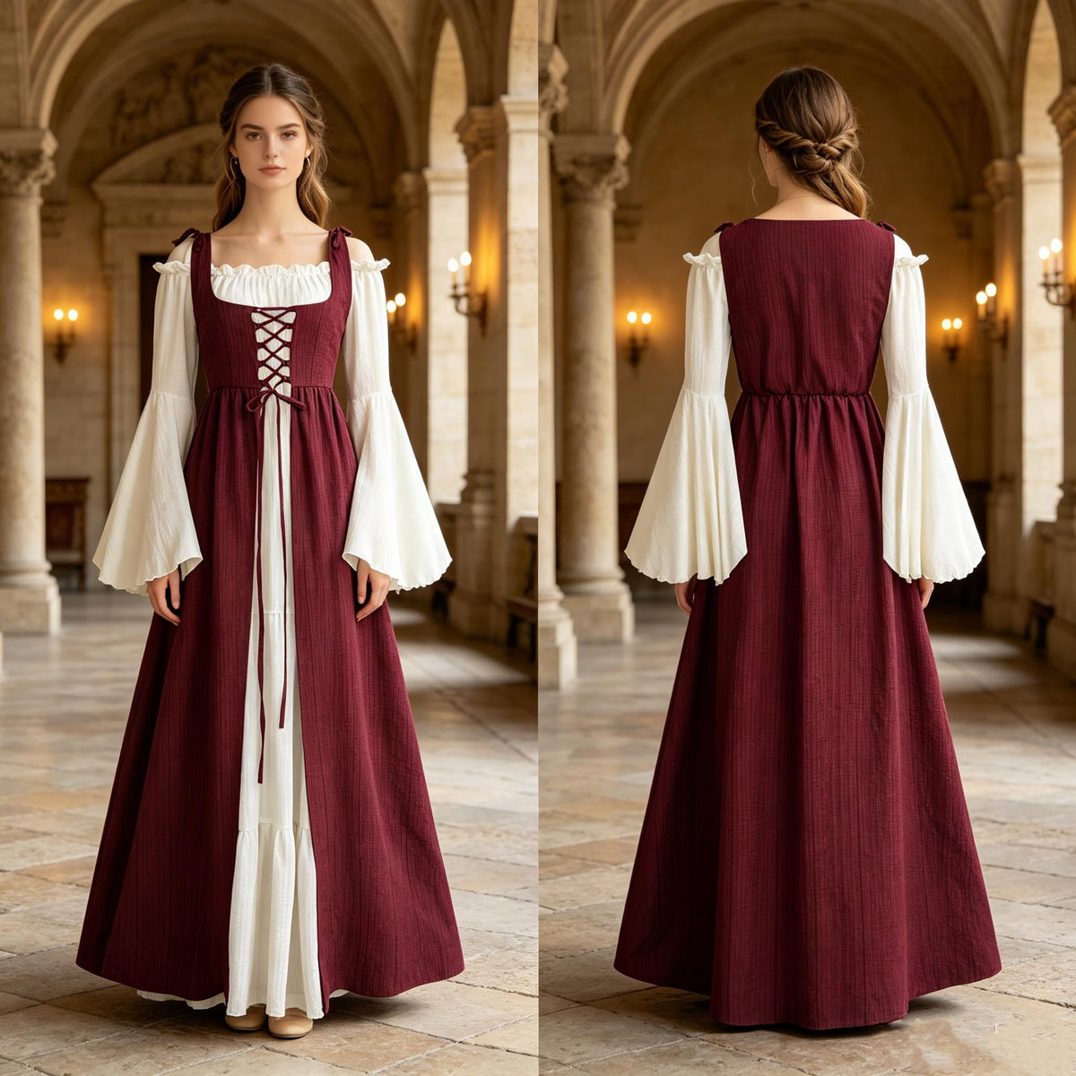 Women's Renaissance Fairy Dress with Bell Sleeves, Red