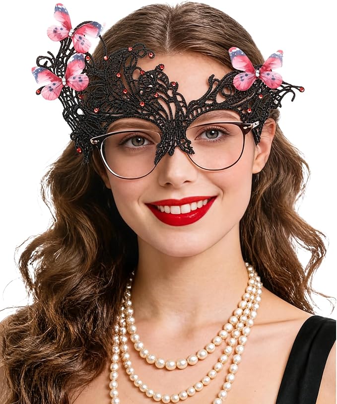 Black Red lace butterfly masquerade mask worn, pink butterflies