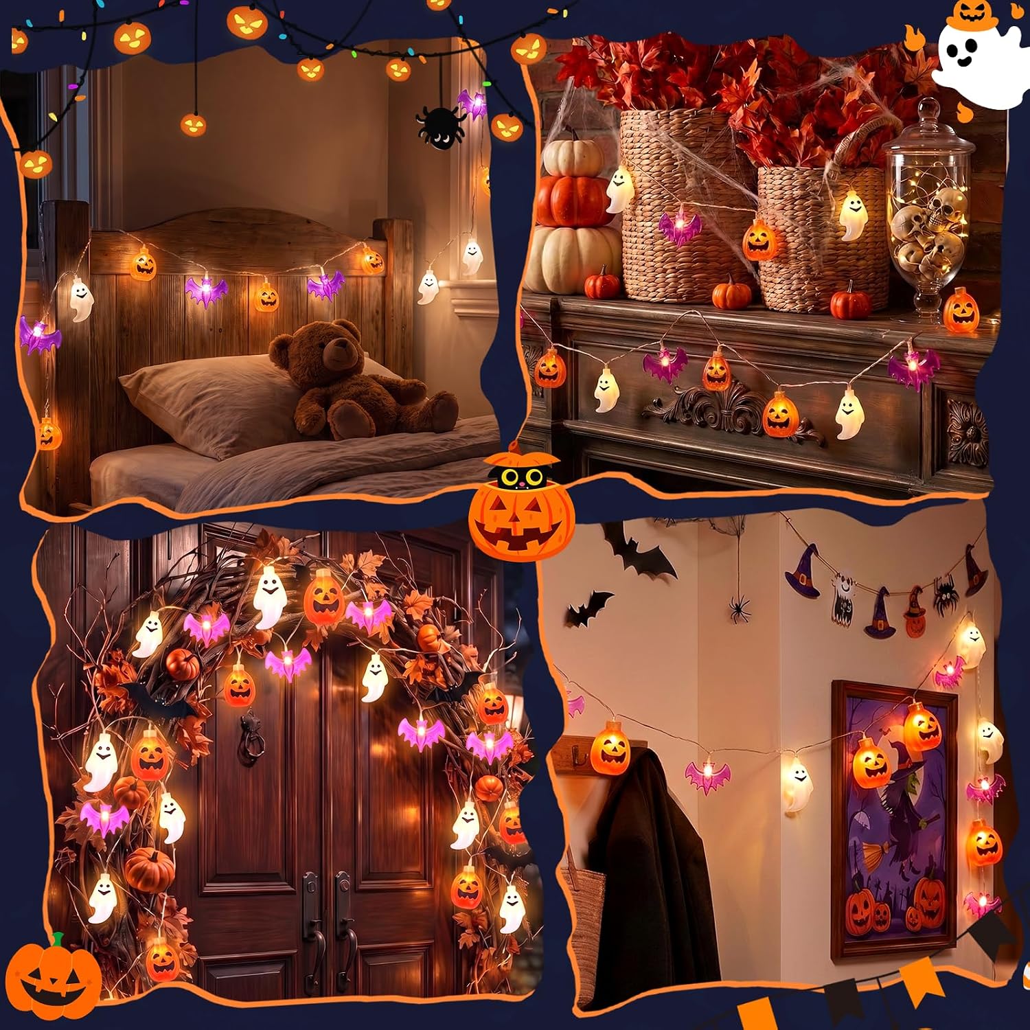 Golden Halloween string lights window display