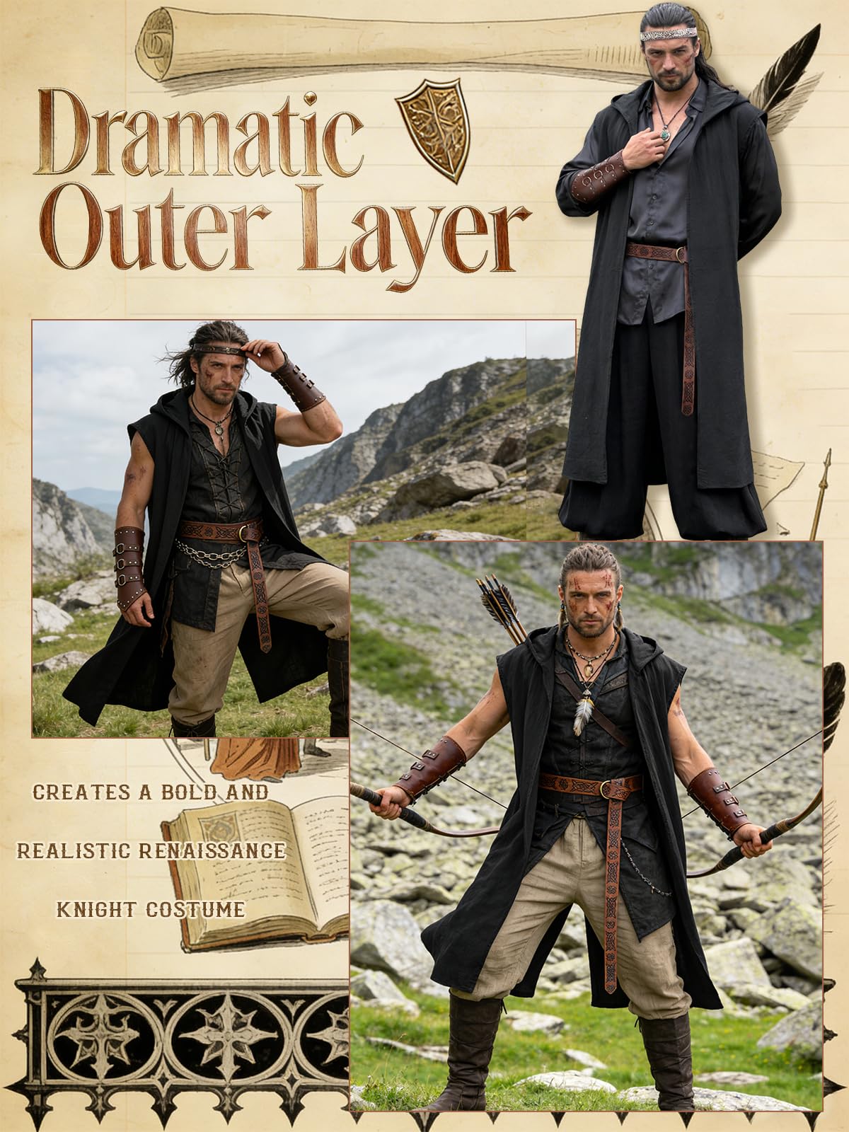 Men's Renaissance Costume Set - Hooded Surcoat, Belt & Bracers