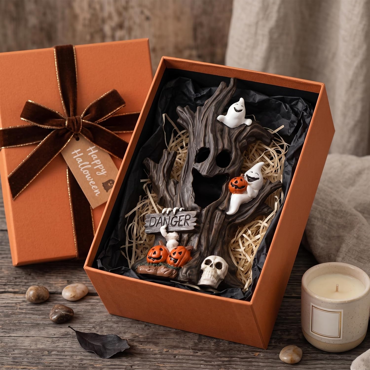 Halloween Spooky Tree Lighted Figurine gift box with ghosts, pumpkins and skull