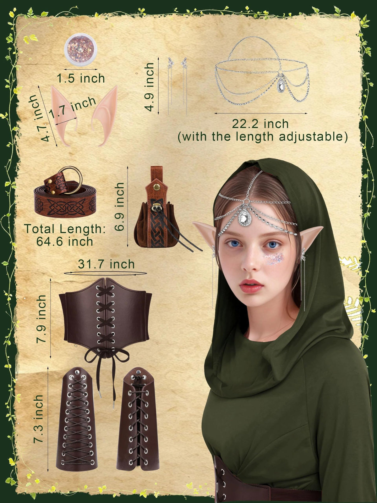 Women's 10-Piece Renaissance Fairy Costume Set - Hooded Elf Dress