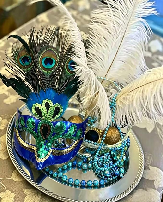 Peacock feather masquerade mask styled with beads and feathers