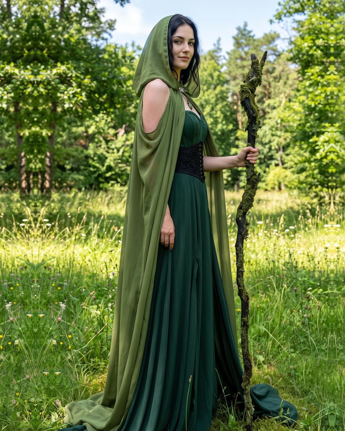 Women's Sheer Fairy Hooded Cloak - Elven Chiffon Cape, Forest Green