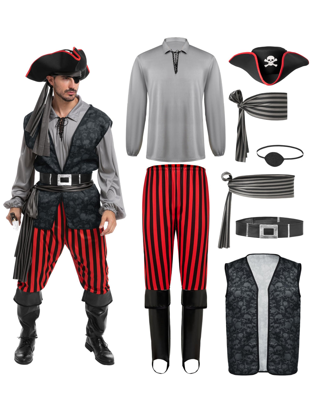 Men's Pirate Costume Set - Shirt, Vest, Pants, Hat & Accessories