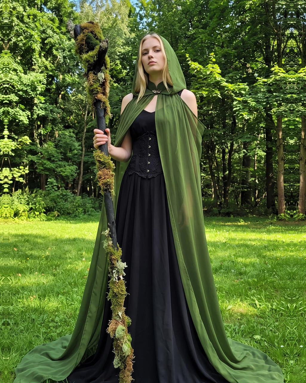 Women's Sheer Fairy Hooded Cloak - Elven Chiffon Cape, Forest Green