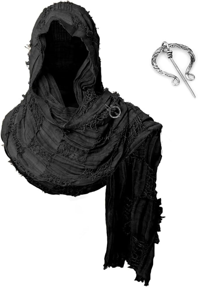 Medieval Hooded Cowl Scarf with Brooch - Black