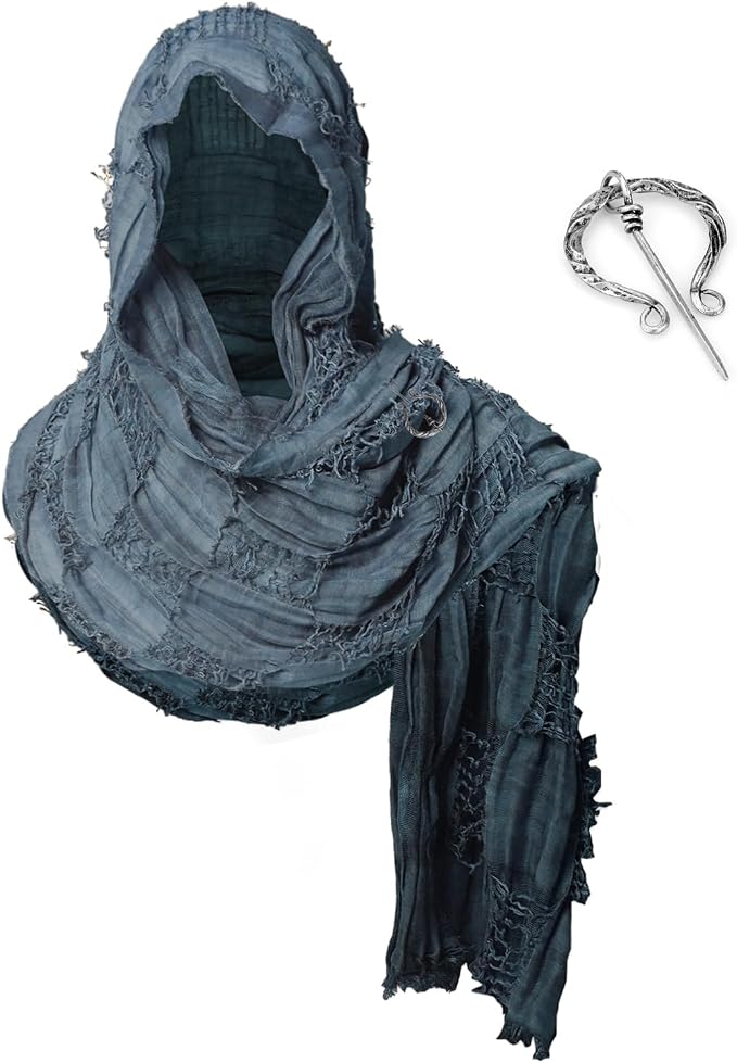 Medieval Hooded Cowl Scarf with Brooch - Blue
