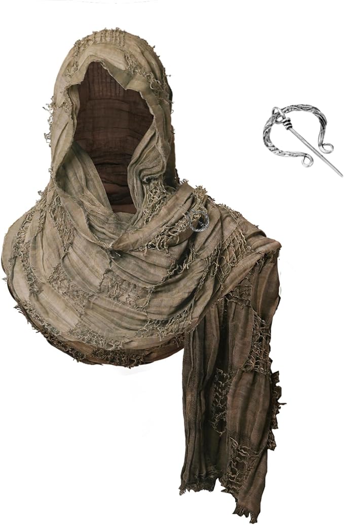 Medieval Hooded Cowl Scarf with Brooch - Brown