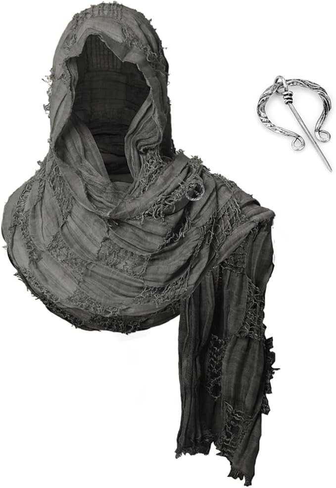 Medieval Hooded Cowl Scarf with Brooch - Gray